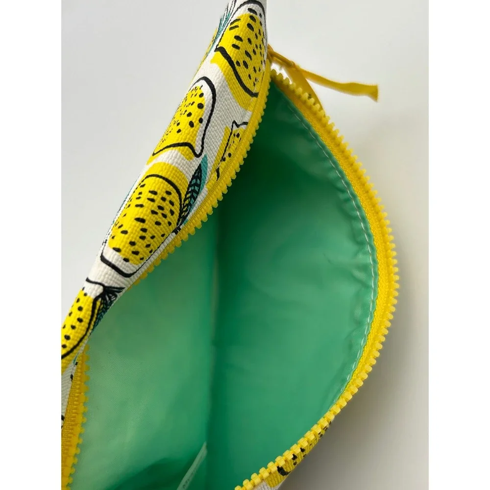 Ipsy Lemon Print Makeup Bag Yellow White Teal Zippered Cosmetic Pouch